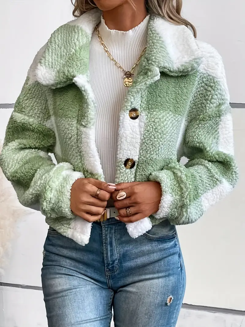 Women's warm checked jacket with wide collar