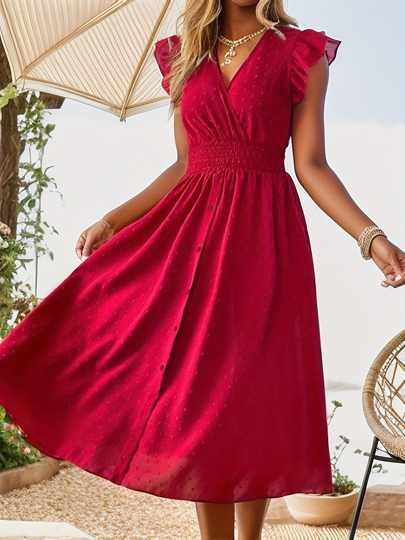 Shirred Waist Flowy A-Line Midi Dress
