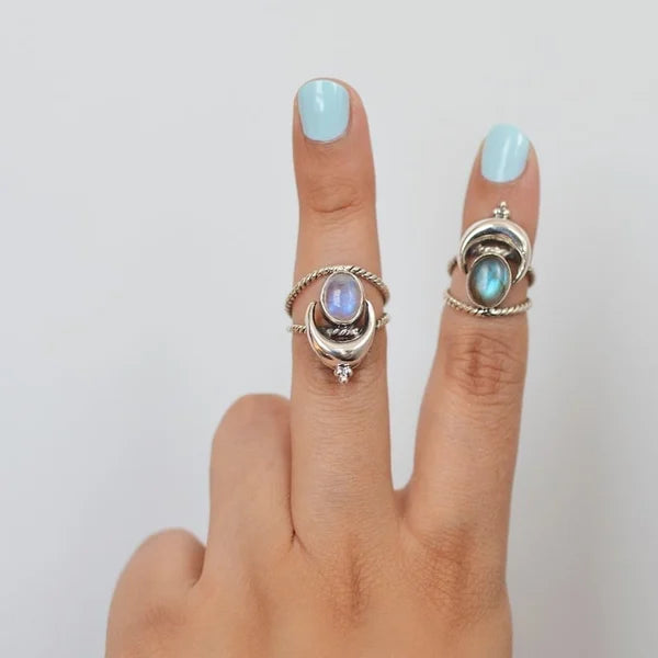 Oval Moon Phase Rainbow Moonstone Ring