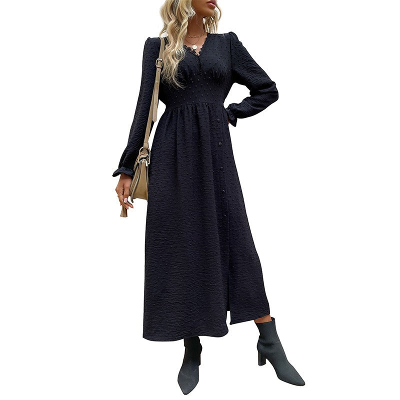 Women's Midi Dress - Long Sleeve - V-Neck Empire Waist - Elegant Button Detail