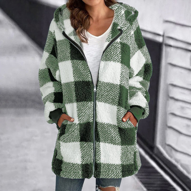 Women's mid-length zip-up hooded plaid jacket