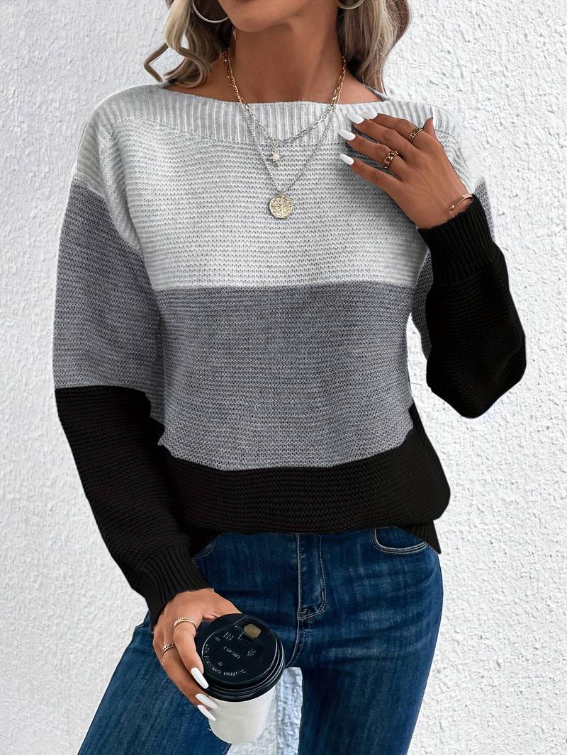 Women's Knit Sweater - Relaxed Fit - Crew Neck - Long Sleeve Color-Block Design