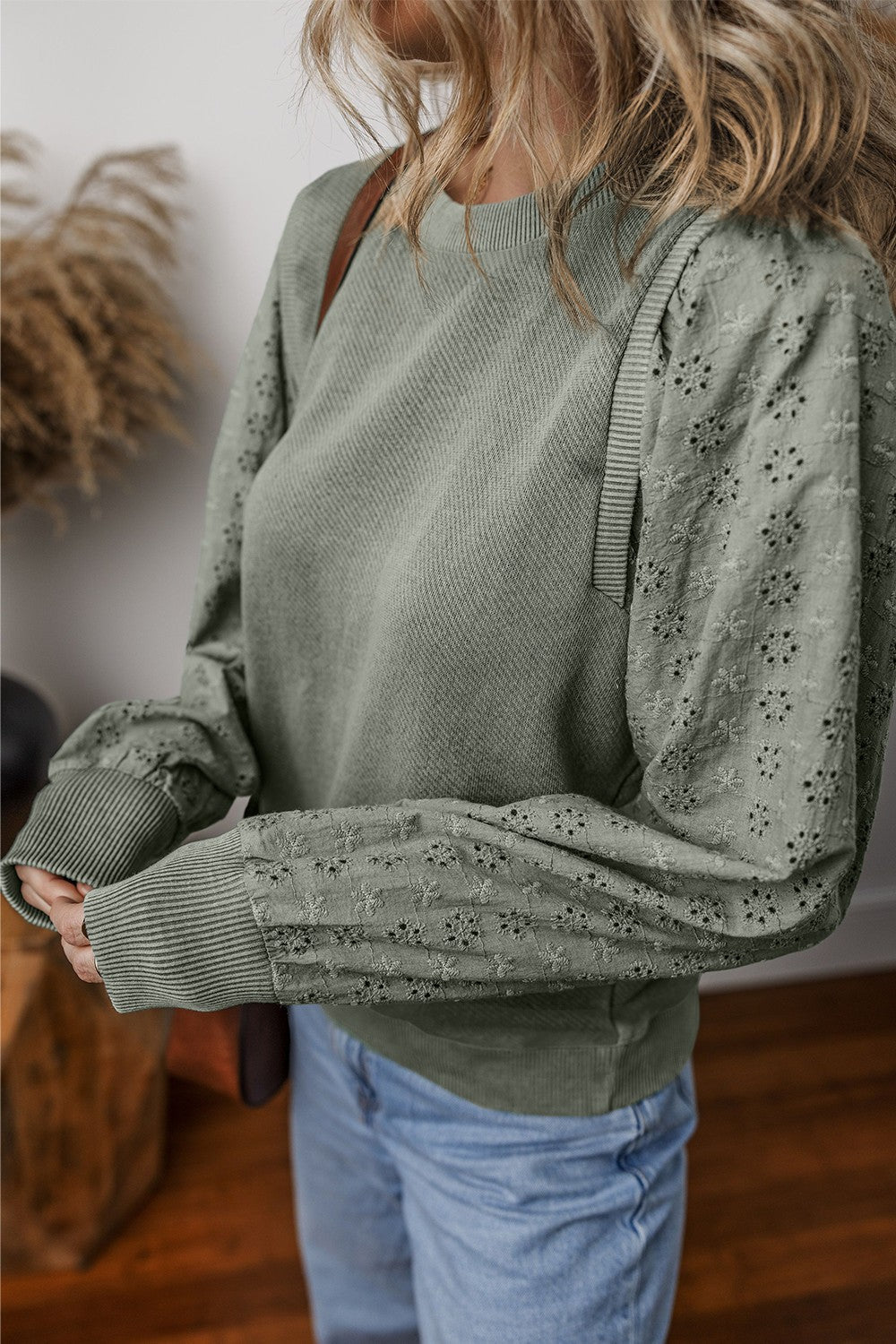 Lara - eyelet round neck long sleeve sweatshirt