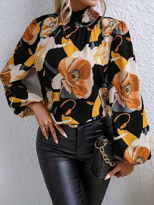 Elegant Floral Flowing Puff Sleeve Blouse