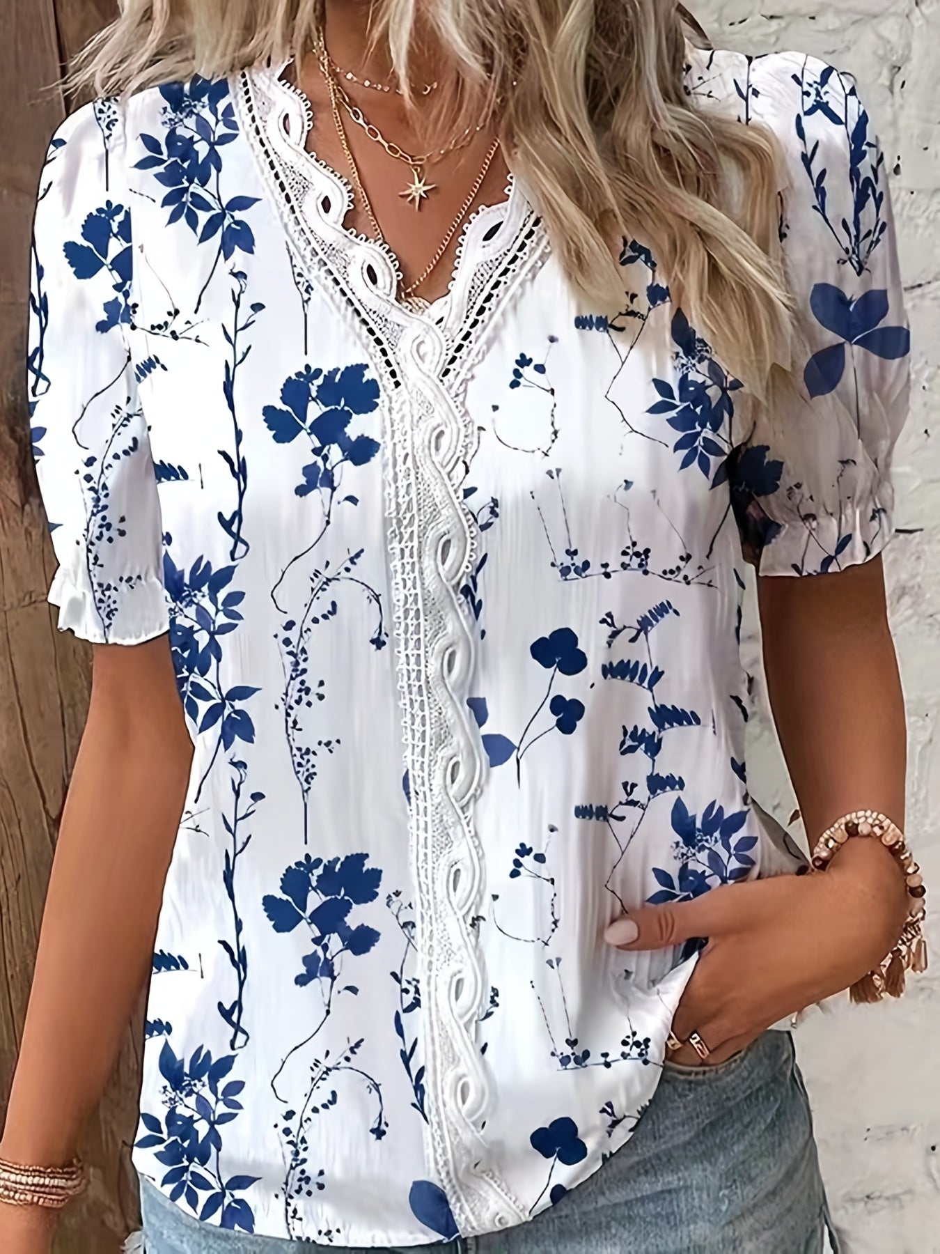 Women's Blouse - Floral V-Neck with Lace Trim - Short Puff Sleeve - Relaxed Fit