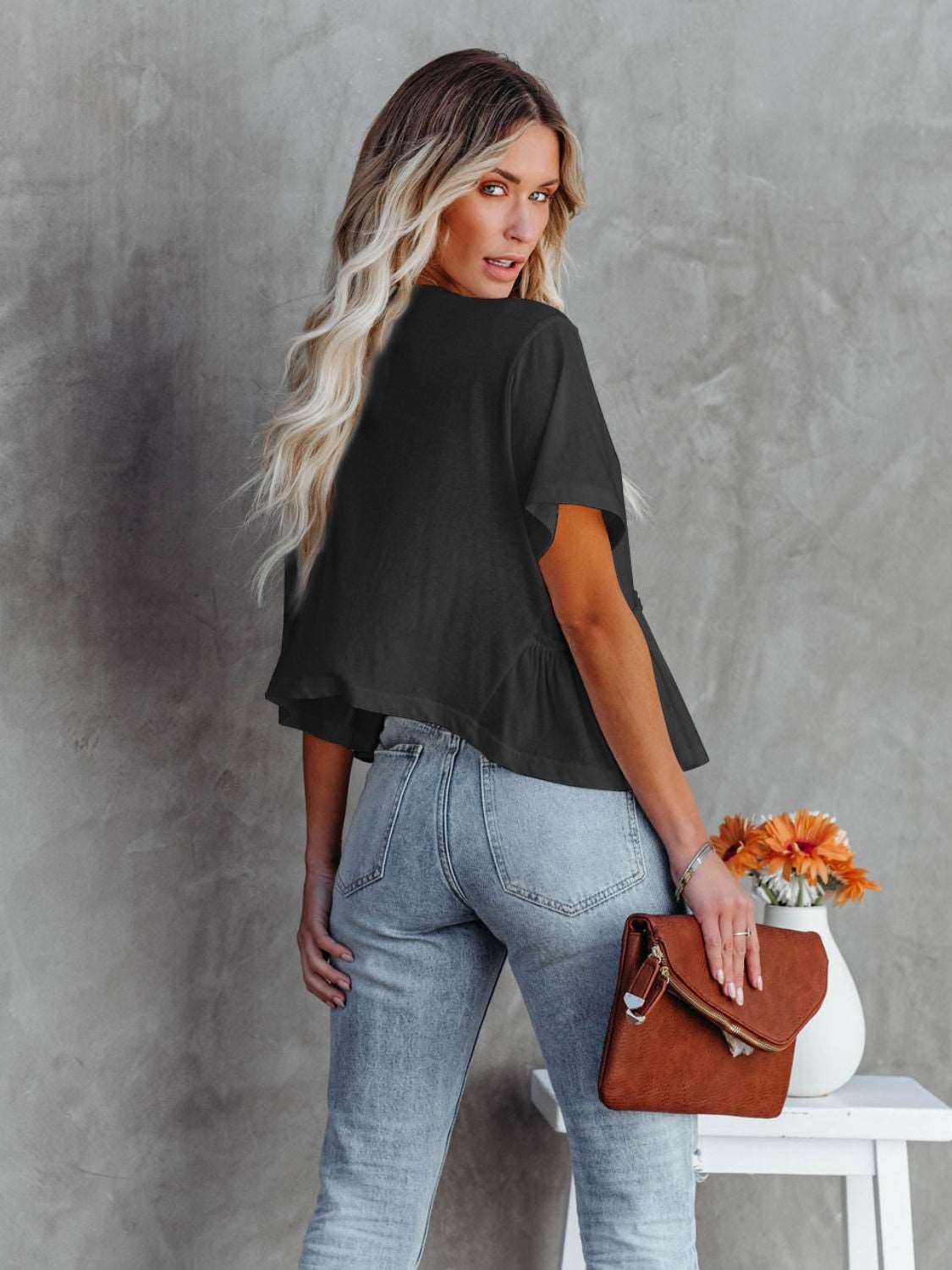 Flowy Tie Front Deep V-Neck Blouse