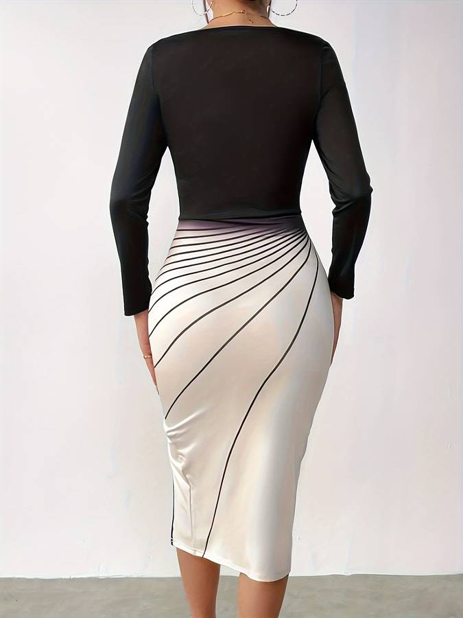 Women's Dress - Square Neck - Long Sleeve - Fitted Bodice - Side Slit Elegant Style