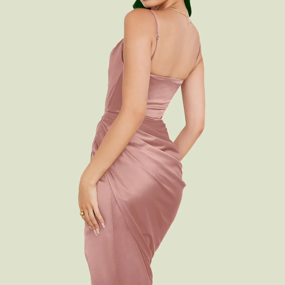 Women's Satin Dress - Cowl Neck - Spaghetti Straps - High Slit Elegant Fit
