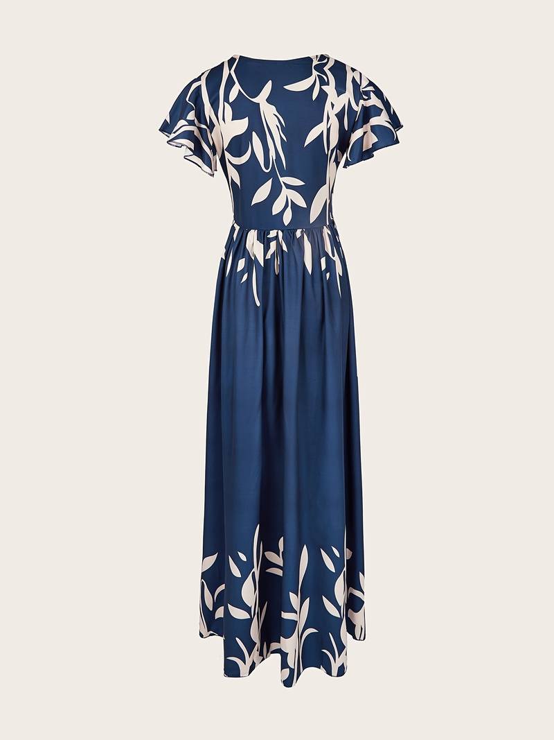 Women's Maxi Dress - Wrap V-Neck - Flutter Sleeves - High Slit Botanical Print