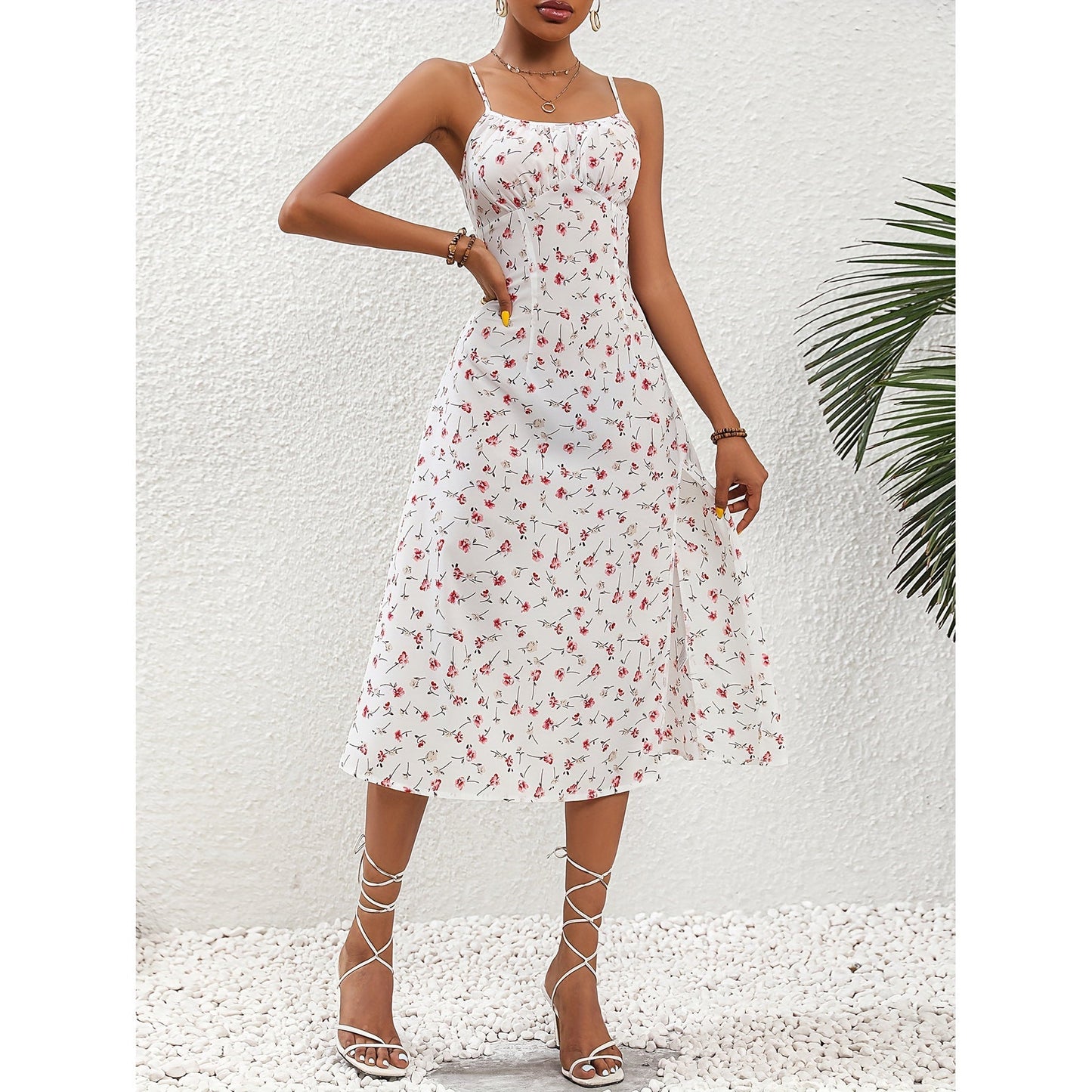 Women's Midi Dress - A-Line Silhouette - Sweetheart Neckline - Spaghetti Straps - Slit Detail