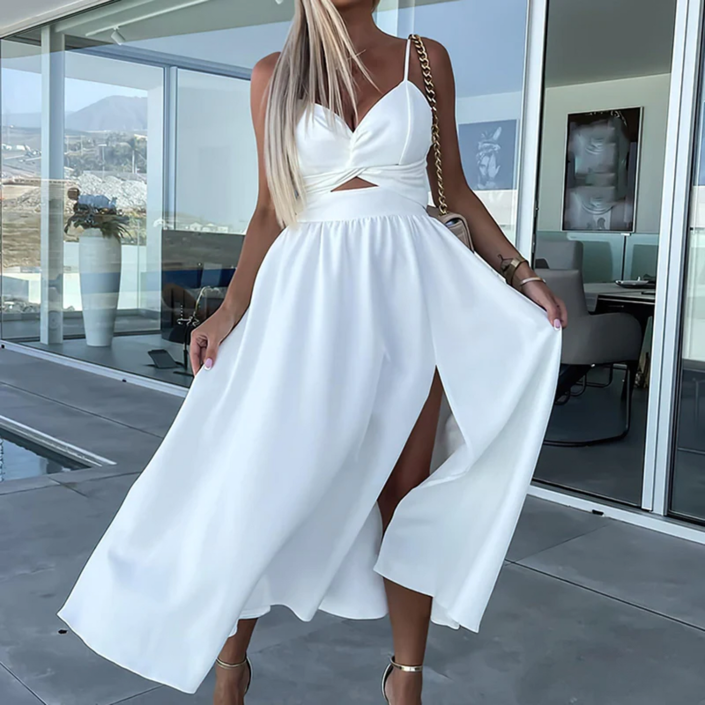 Women's Midi Dress - Cut-Out Design - Twisted Front - Spaghetti Straps - High Slit