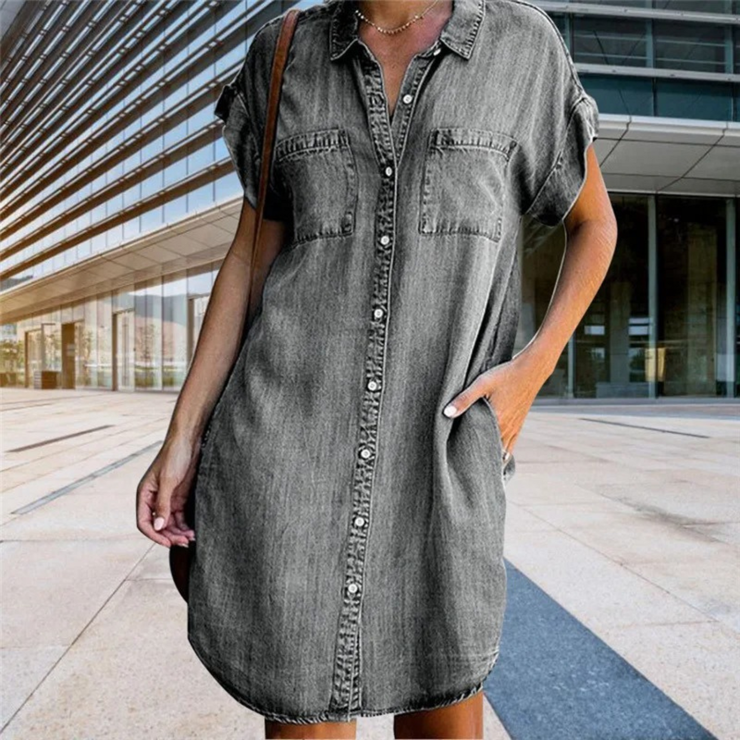 Women's Denim Shirt Dress - Button Down - Short Sleeve - Casual Relaxed Fit