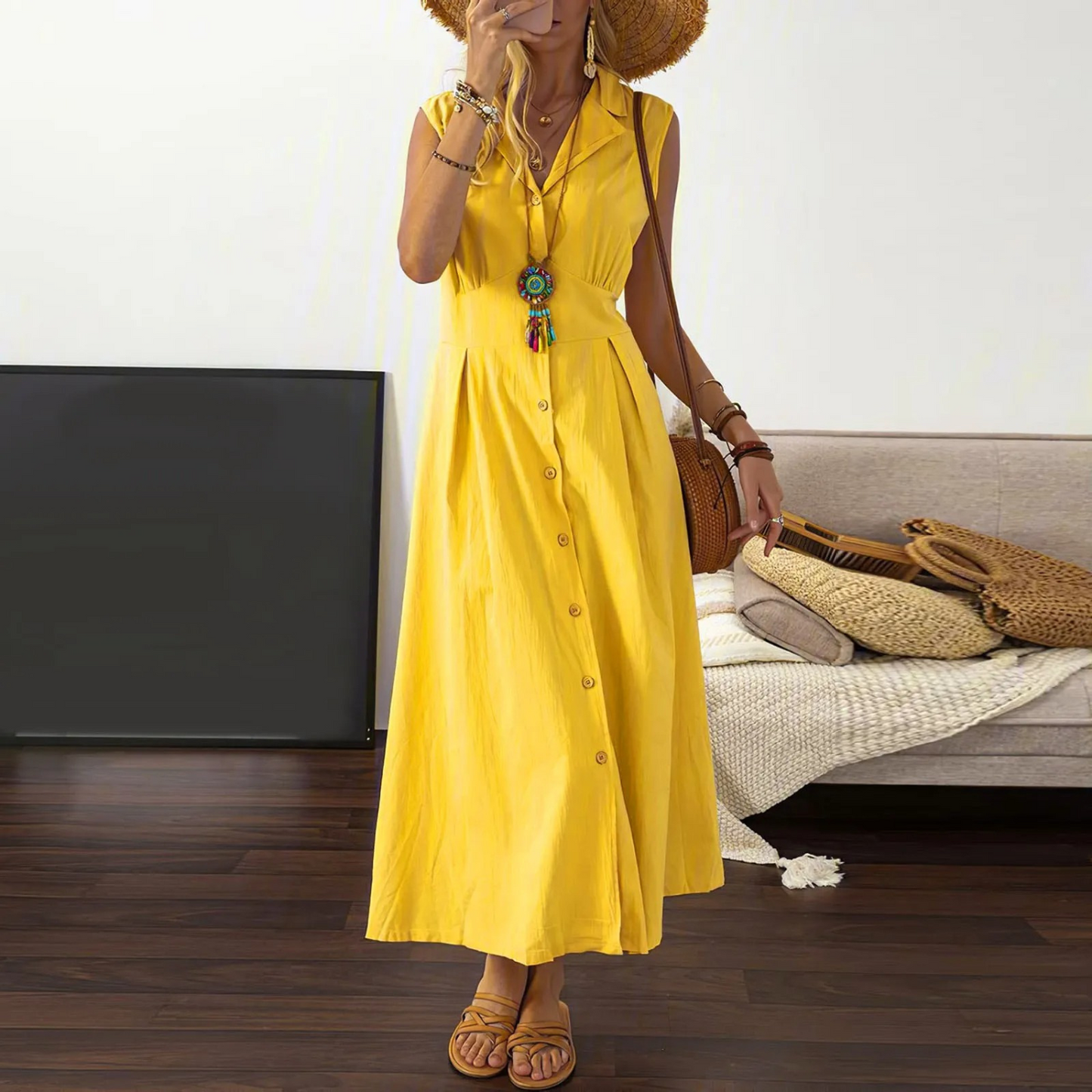 Women’s Button-Down Midi Dress - Collared V-Neck - Sleeveless A-Line Silhouette