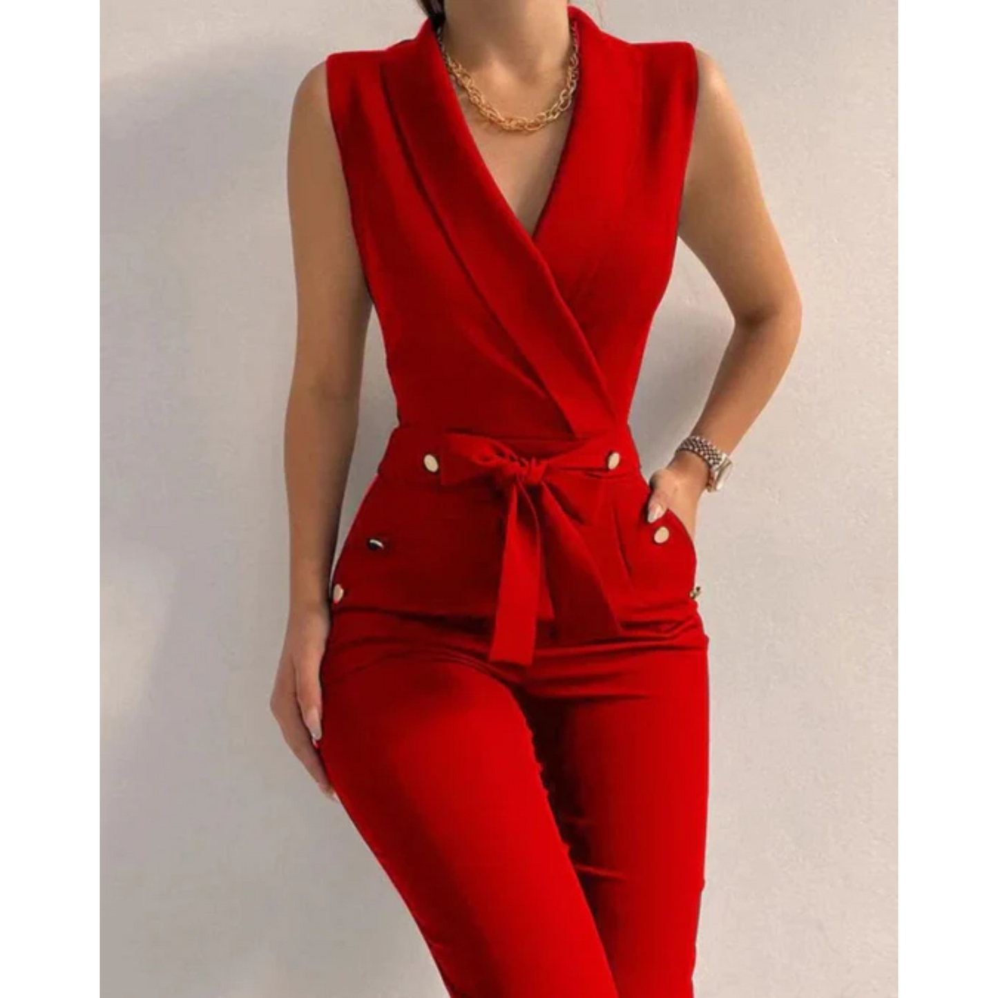 Women's Jumpsuit - Sleeveless V-Neck Wrap - Tie Waist with Button Detail - Straight Leg