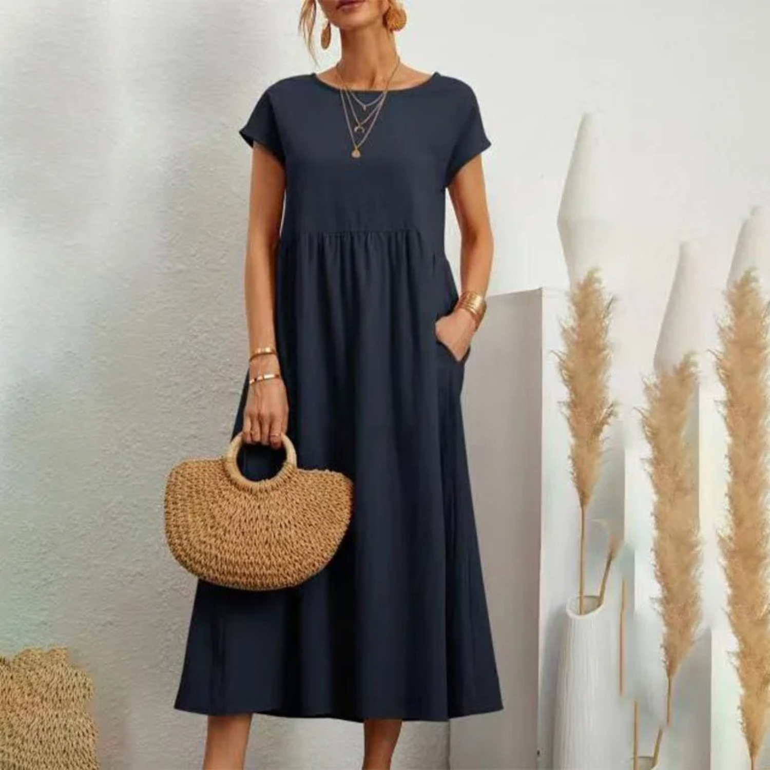 Relaxed Linen Empire Waist Maxi Dress