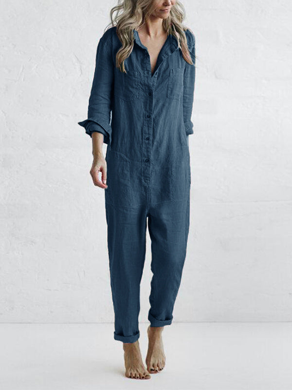 Women's Linen Jumpsuit - Button Down - Relaxed Fit - Long Sleeve - Breathable Fabric