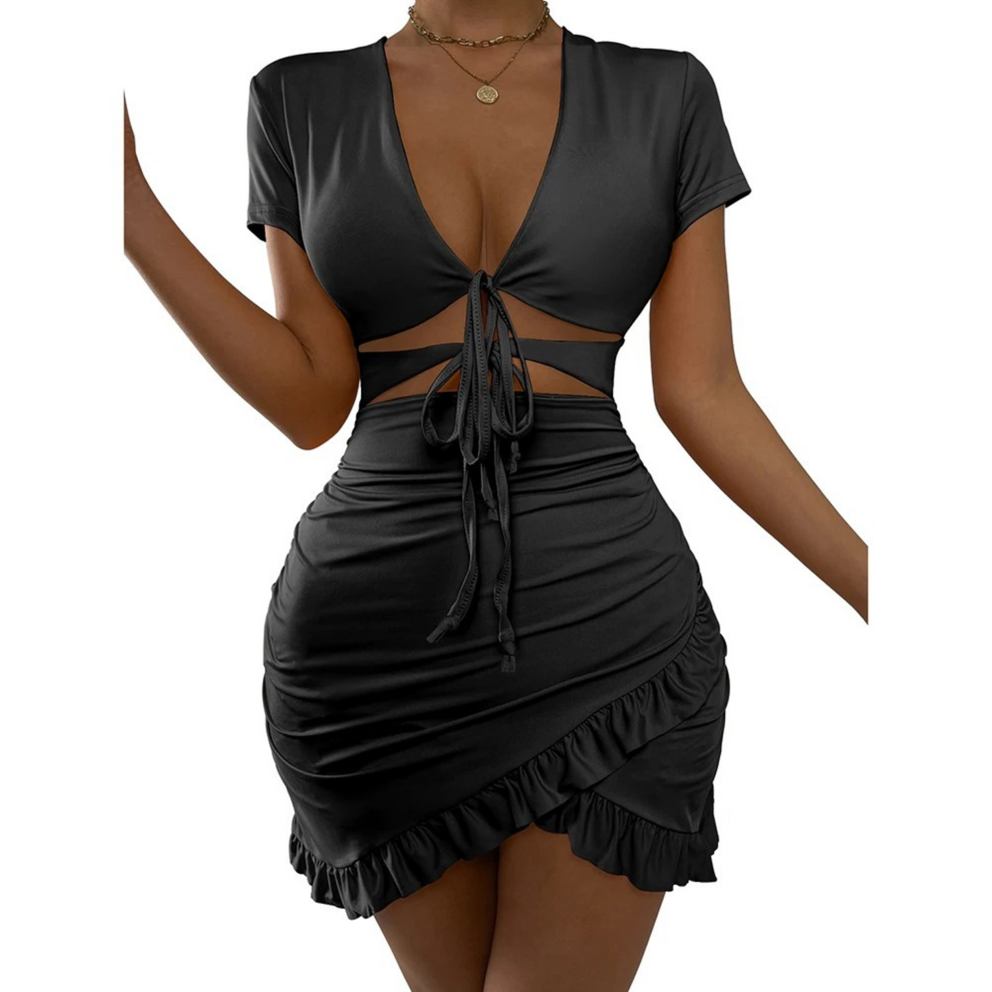 Women's Wrap Dress - Bodycon Fit - V-Neck - Short Sleeve - Cut-Out Waist with Ties