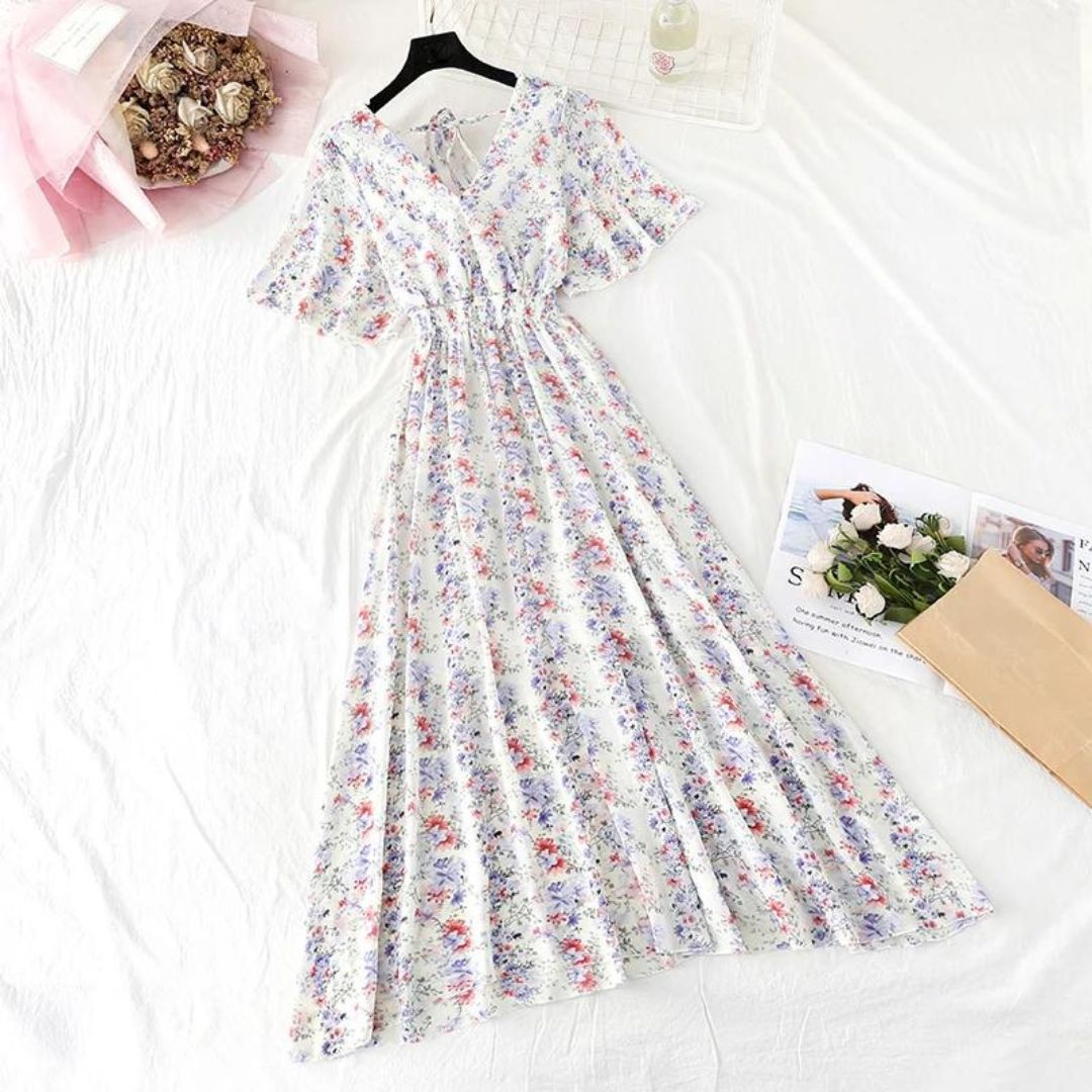 Women's Maxi Dress - Floral Print - V-Neck Cinched Waist - Short Flutter Sleeves