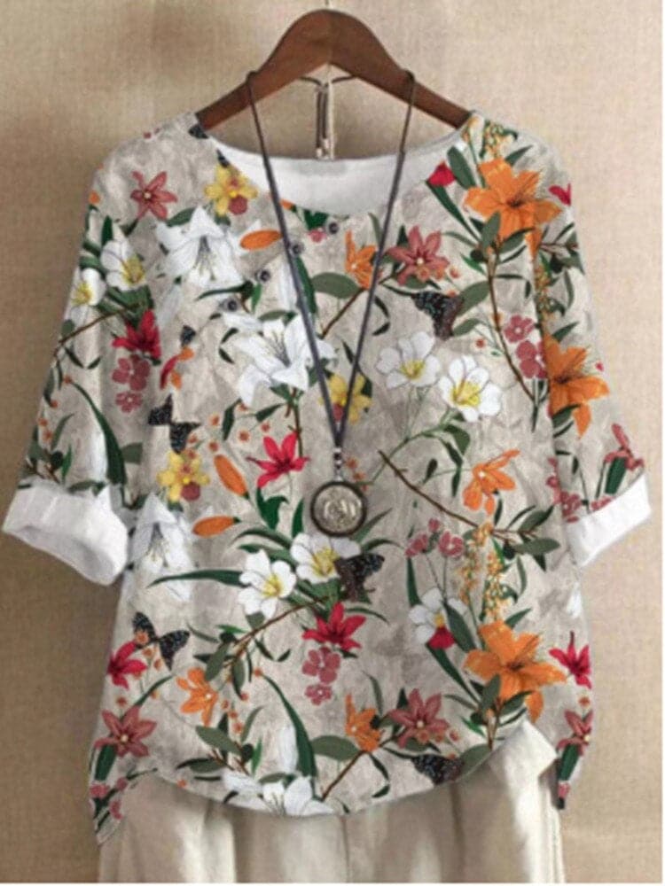 Women’s Blouse – Relaxed Fit – Round Neck – Mid Sleeve – Floral Print – Breathable Blend