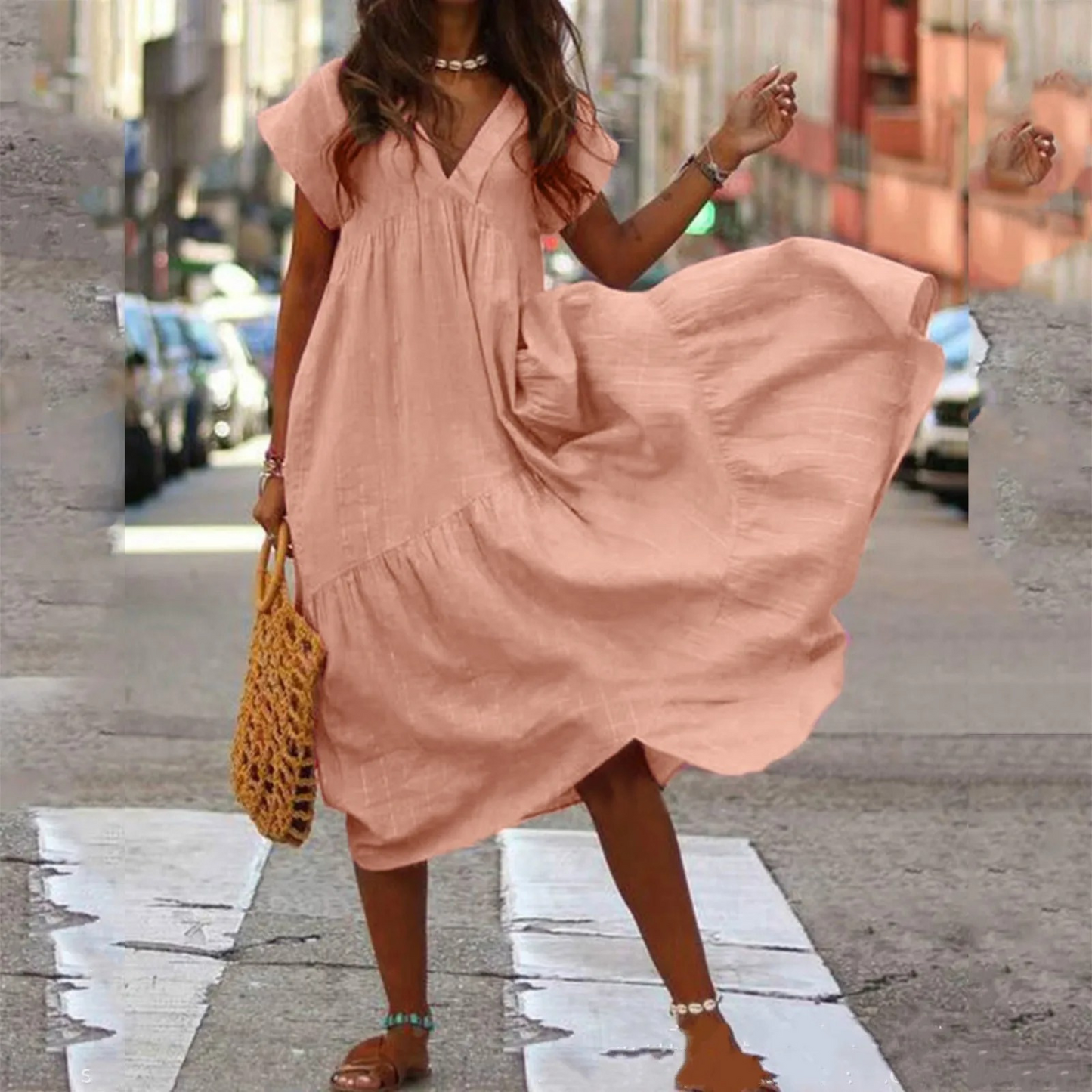 Women's Dress - Flowy Knee-Length - Deep V-Neck - Short Flutter Sleeves - Lightweight