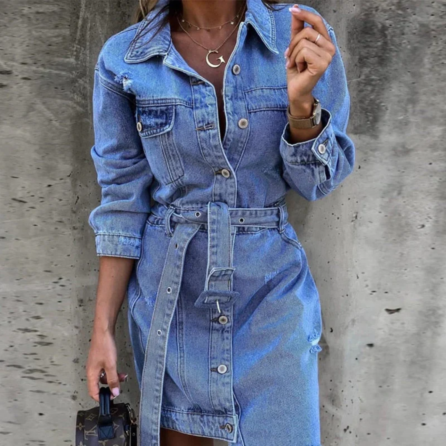 Women’s Denim Dress - Button Down - Long Sleeve - Belted Waist - Frayed Hem