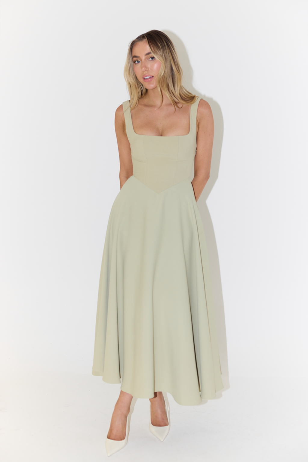 Women’s Midi Dress – Satin Finish – Fitted Bodice – A-Line – Square Neckline