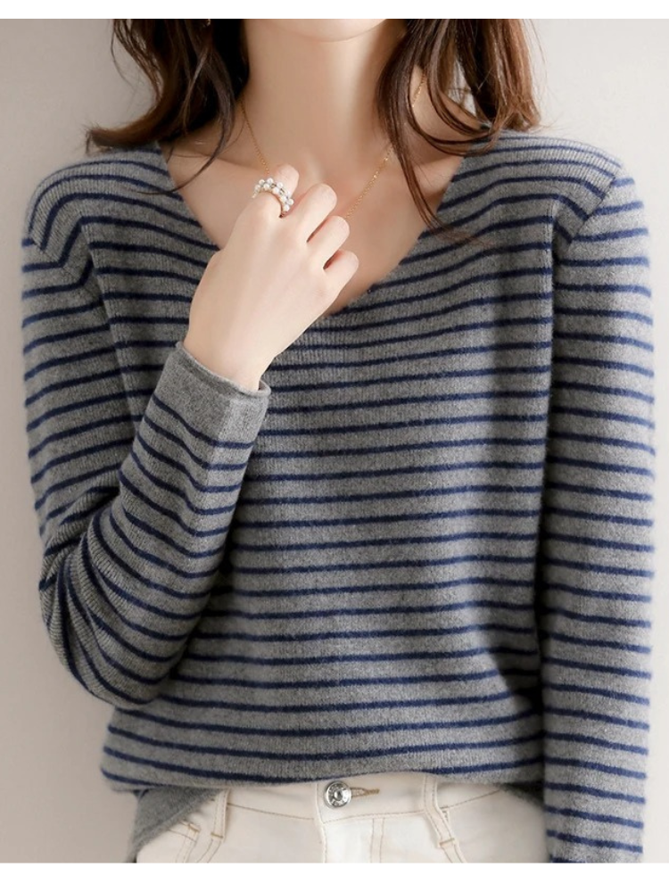 Women's V-Neck Sweater - Soft Knit - Fitted Long Sleeve - Striped Casual Wear