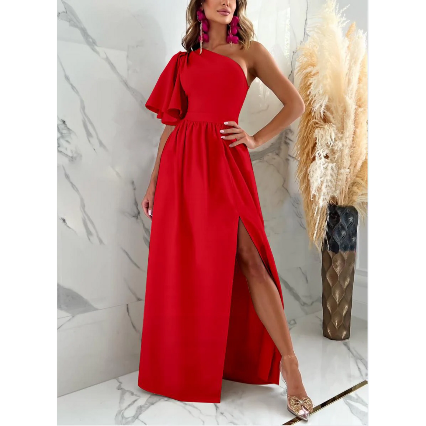 Women's One-Shoulder Maxi Dress – Elegant Evening Gown – High Slit – Flowing Skirt