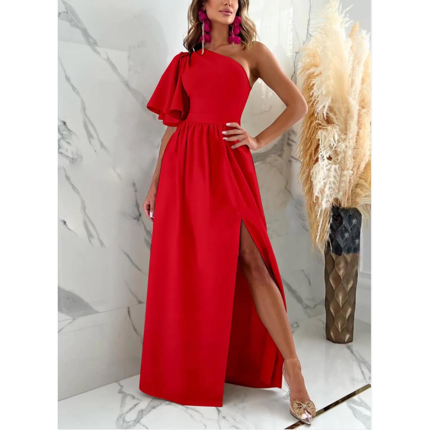 One-Shoulder Flowing High-Slit Maxi Dress