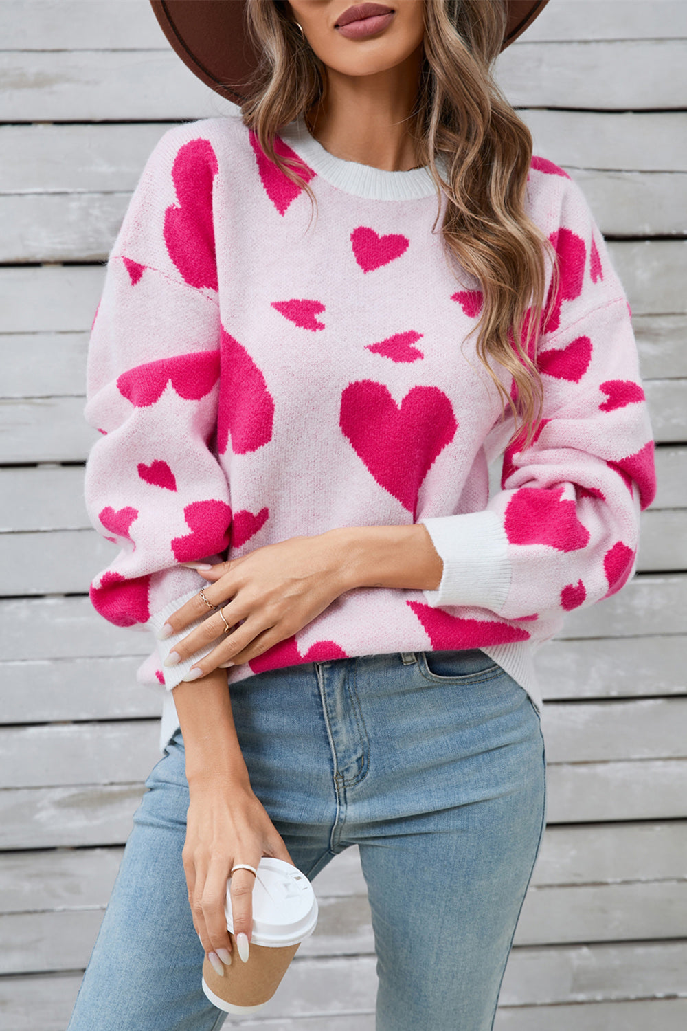 Heart Contrast Round Neck Sweater