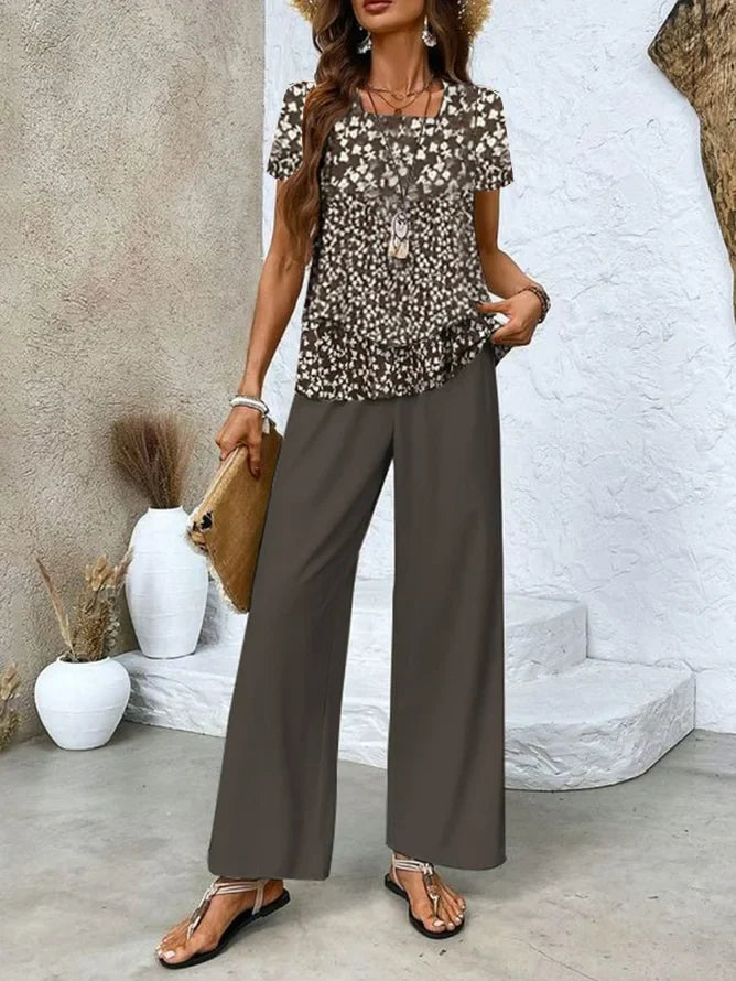 Women’s Two Piece Set – Sleeveless Layered Top – Wide Leg Floral Pants – Breathable Blend
