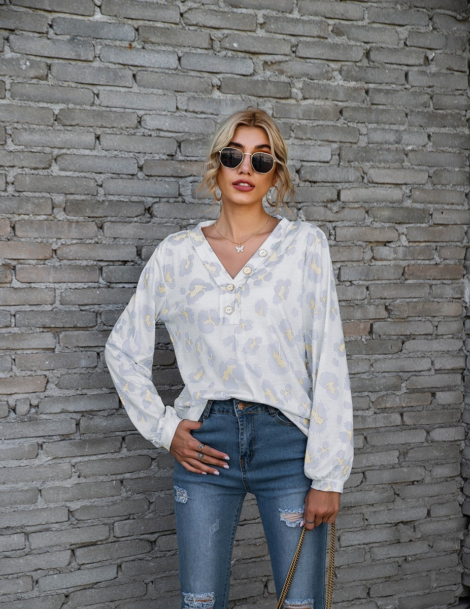 Women's Blouse - V-Neck Button Down - Long Sleeve Relaxed Fit - Animal Print