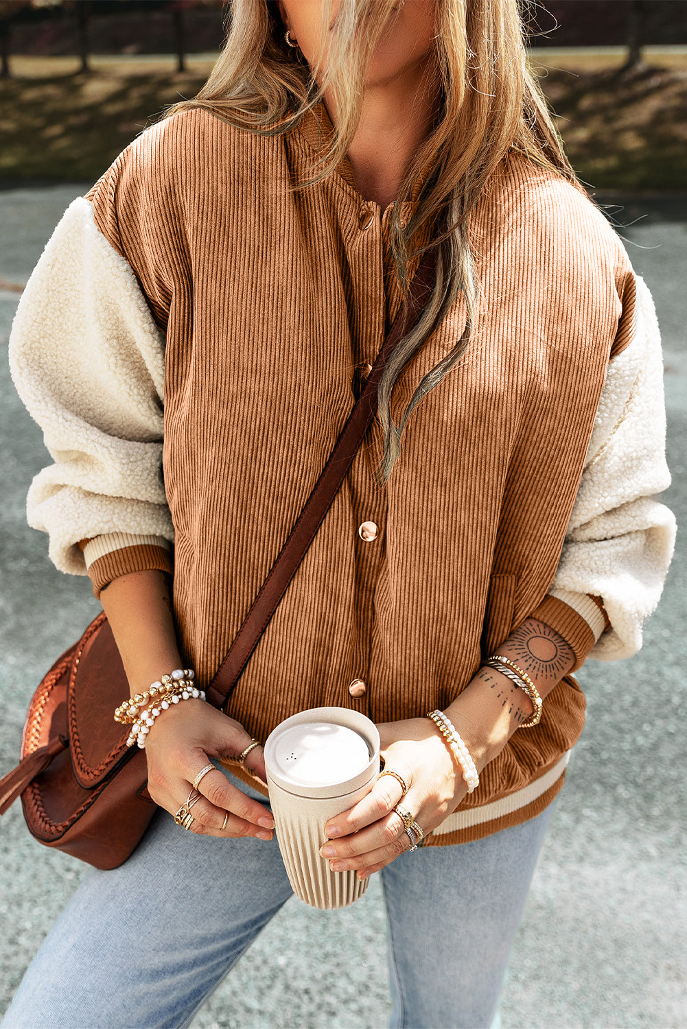 Women’s Jacket - Corduroy Body with Sherpa Sleeves - Button Front - Relaxed Fit Casual Wear