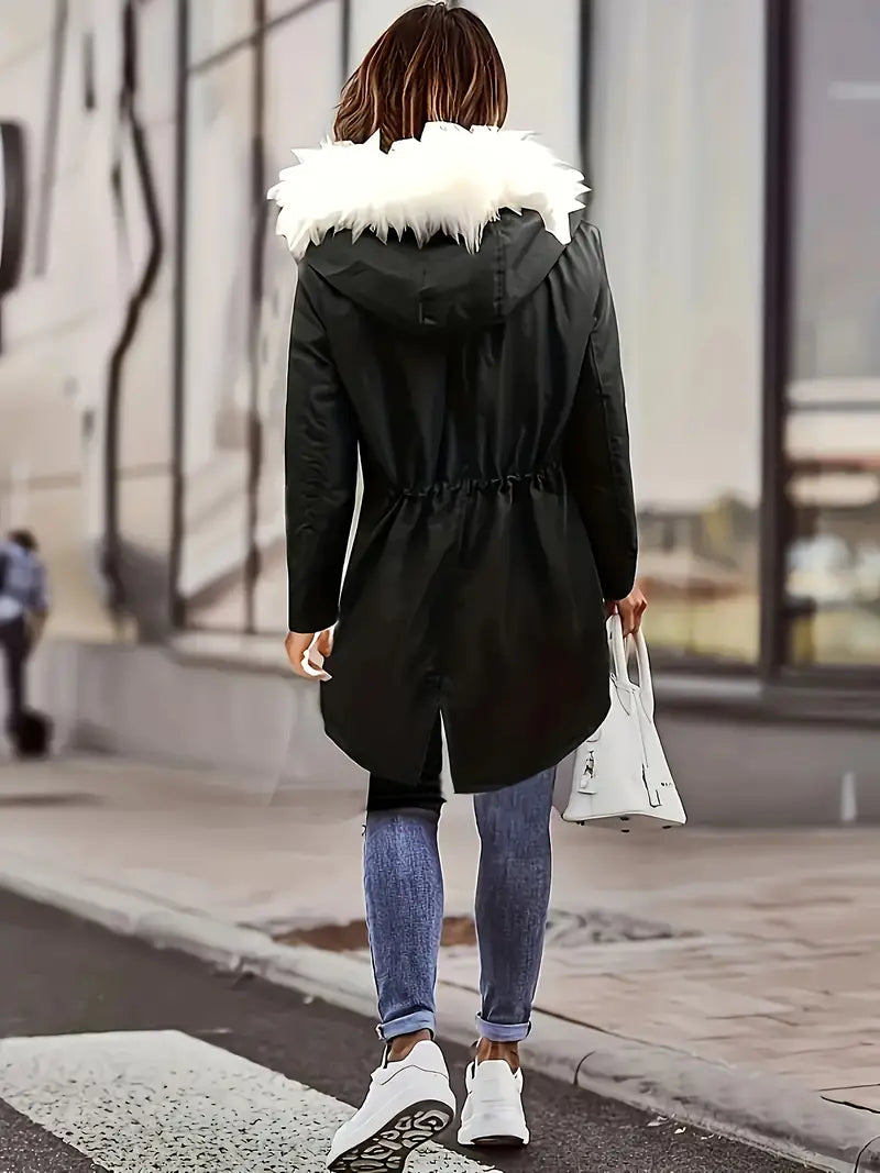 Women's hooded cotton coat with fur collar and waist tie