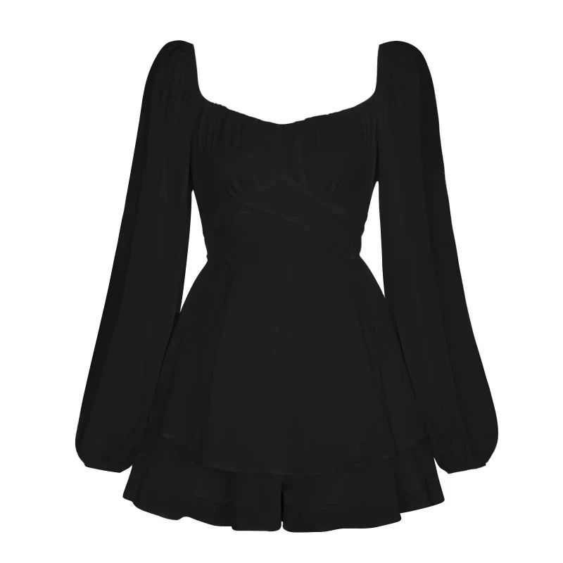 Women's Romper - Square Neckline - Long Puff Sleeves - Tiered Ruffled Skirt