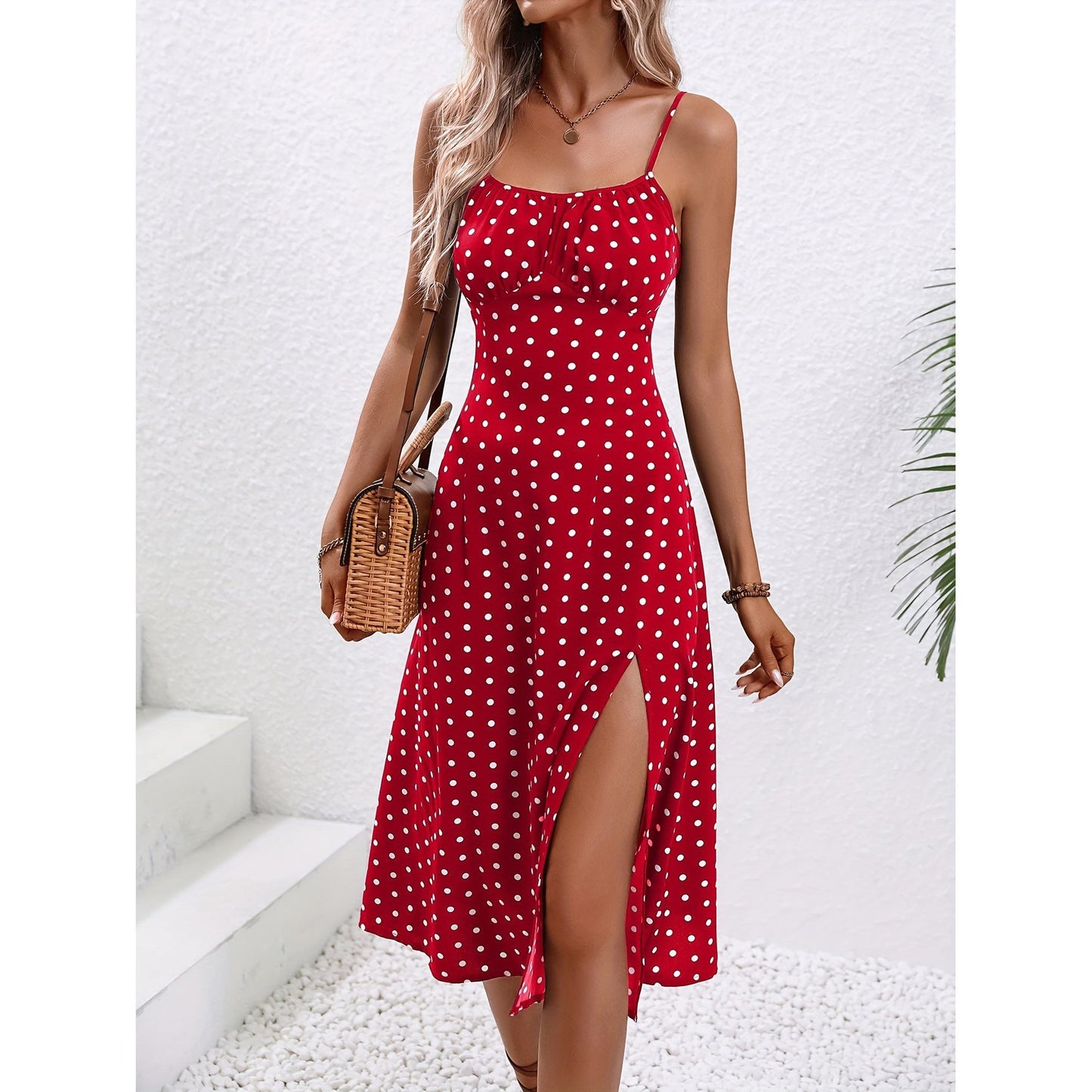 Women's Midi Dress - A-Line Silhouette - Sweetheart Neckline - Spaghetti Straps - Slit Detail