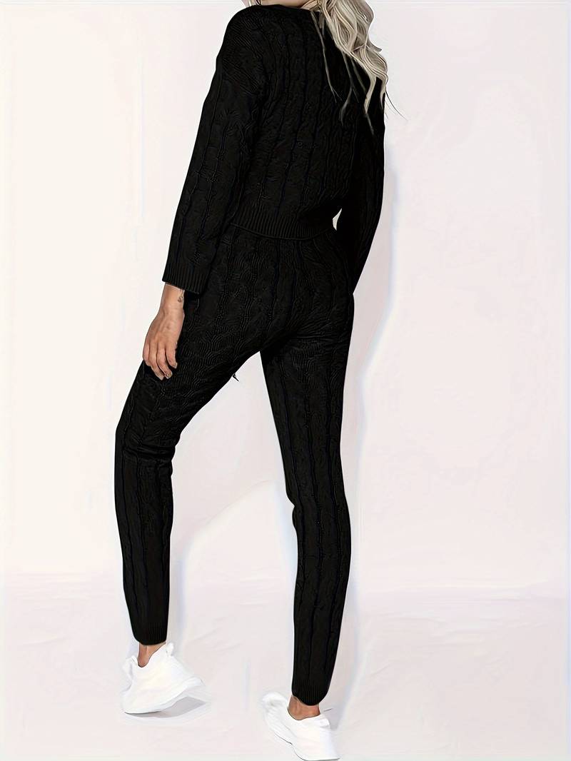 Women's Knit Sweater Set - Cable Knit - Oversized Off-Shoulder Sweater & Slim Pants