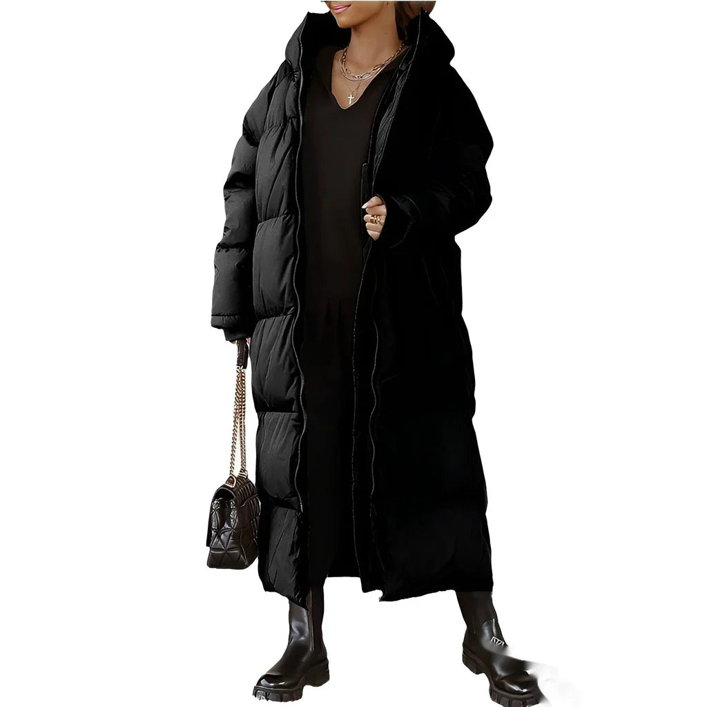 Women’s Long Coat – Oversized Fit – Quilted Padded Hooded Full-Length Outerwear