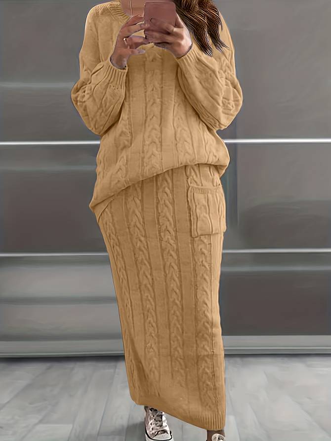 Women’s Knit Sweater and Skirt Set – Cable Pattern – Relaxed Fit – Long Sleeve – Ankle Length