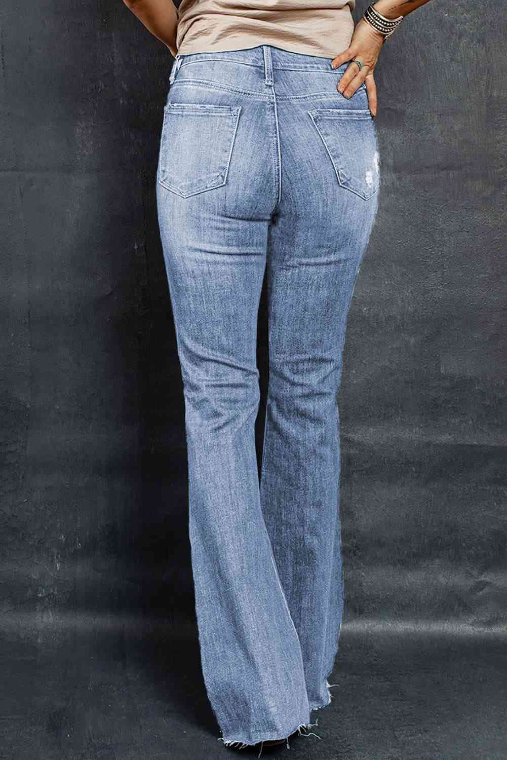 Distressed High-Waisted Flared Jeans