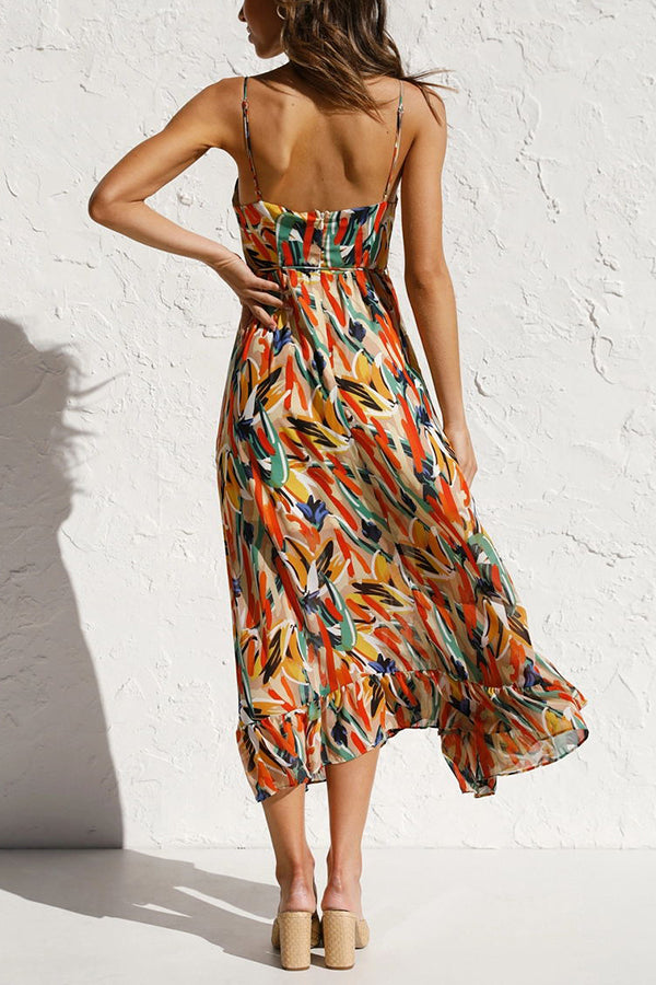Women's Maxi Dress - Abstract Print - Plunging V-Neck - Spaghetti Straps - Flowing Fit