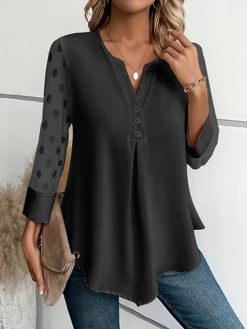 Women's Blouse - Sheer Polka Dot Sleeves - Round Neck - Relaxed Fit Stylish Wear