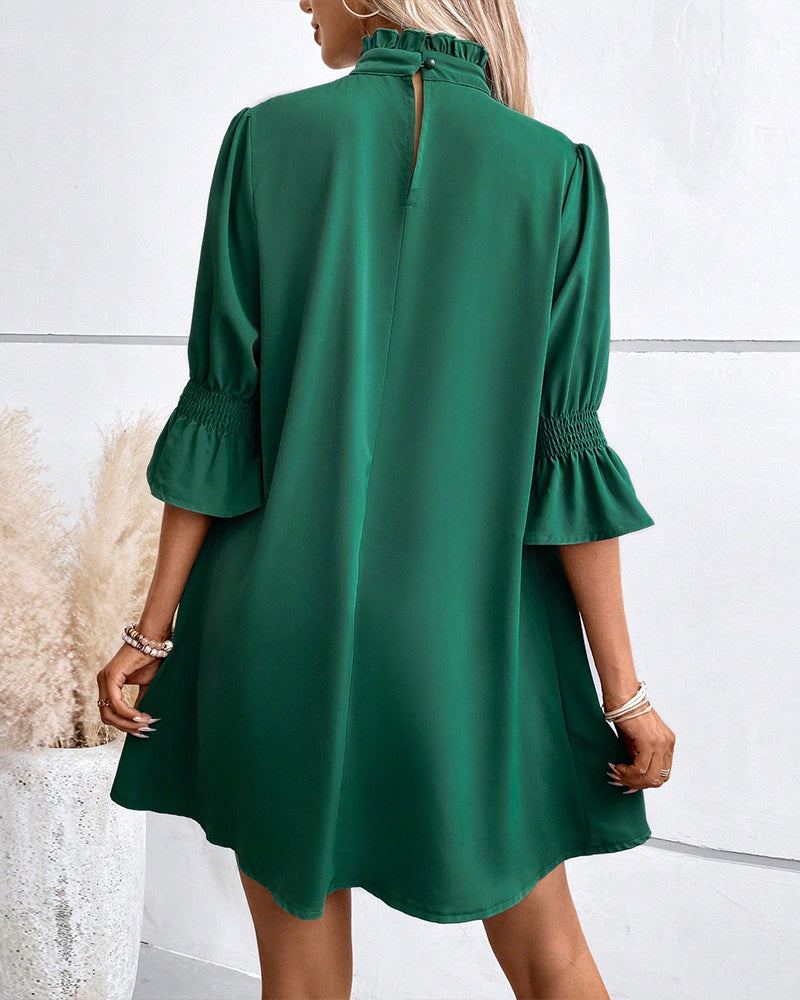 Women's Dress - Flowy Loose Fit - High Neck Ruffle - 3/4 Sleeve Elegant Style