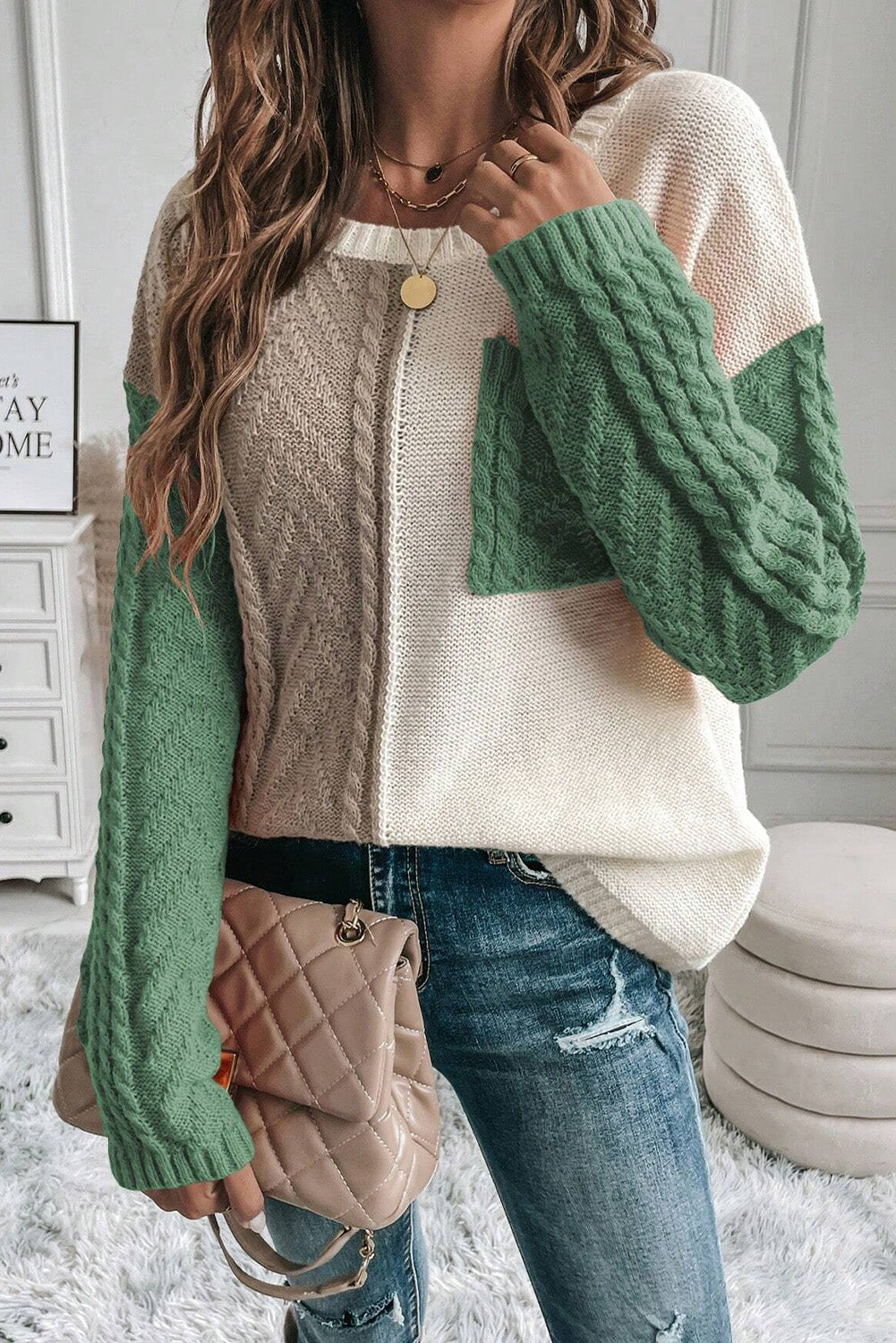 Patchwork Knitted Pullover Sweater with Pockets