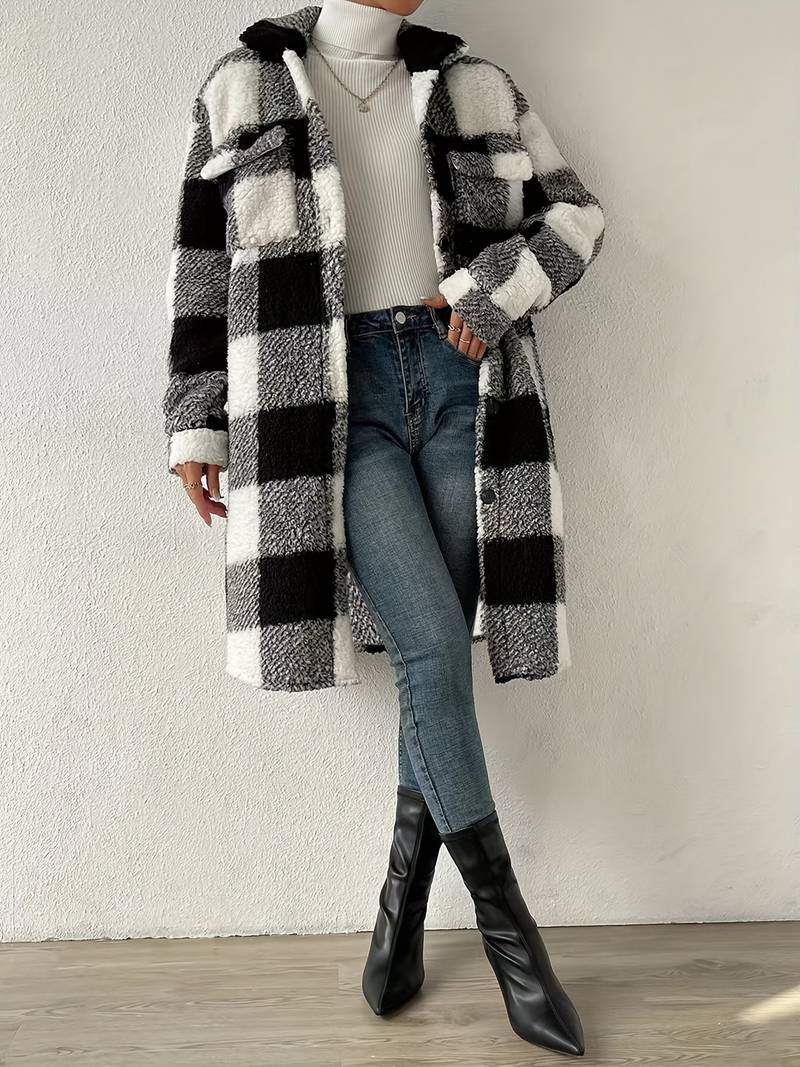 women's long checkered teddy jacket with buttons