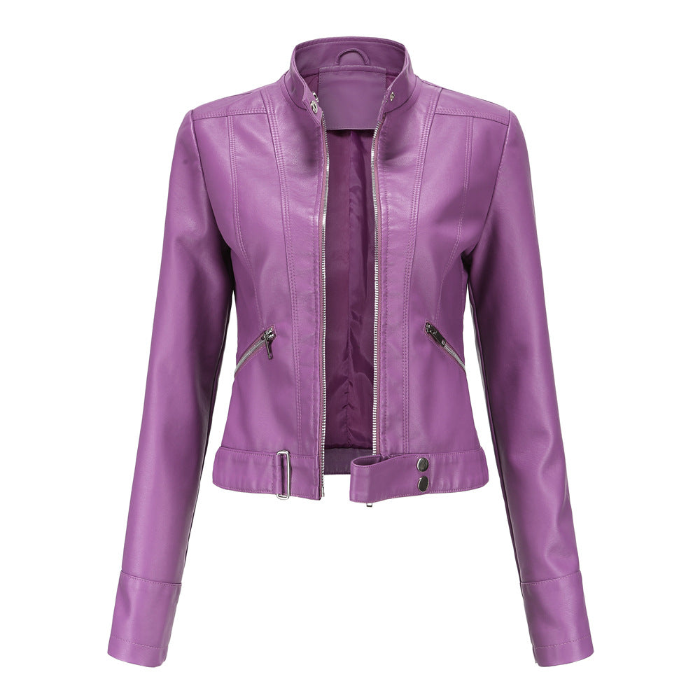 Women's plus size biker jacket with stand-up collar
