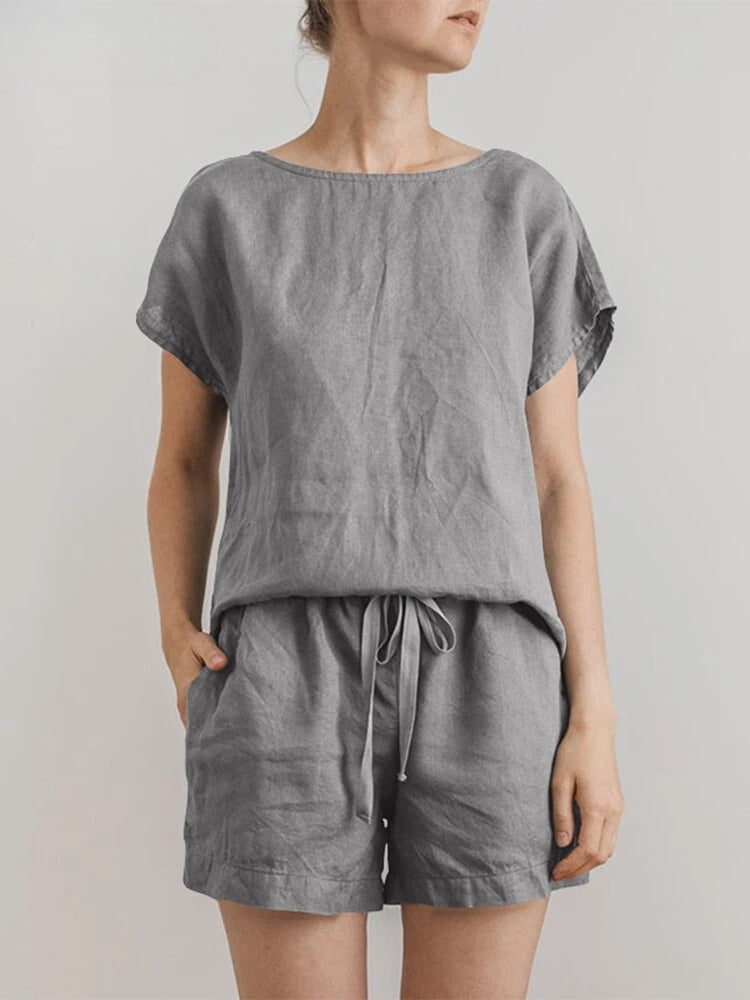 Women’s Linen Two-Piece Set - Relaxed Fit Top and Adjustable Waist Shorts