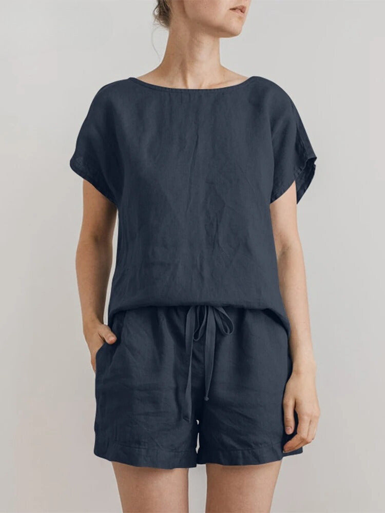 Women’s Linen Two-Piece Set - Relaxed Fit Top and Adjustable Waist Shorts
