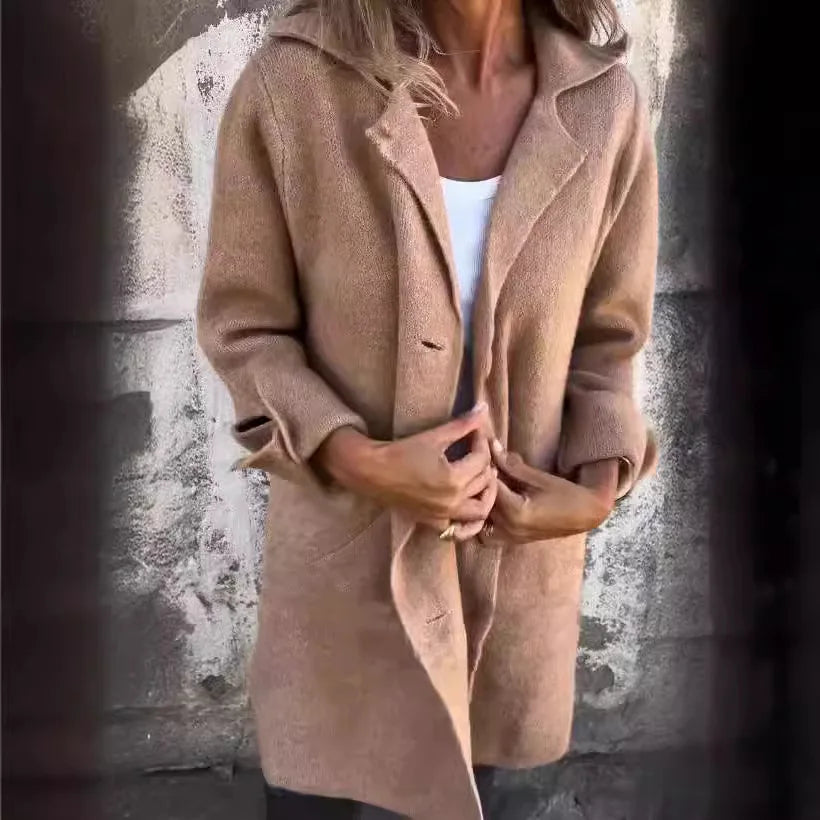 Longline button-up coat with lapel collar for women