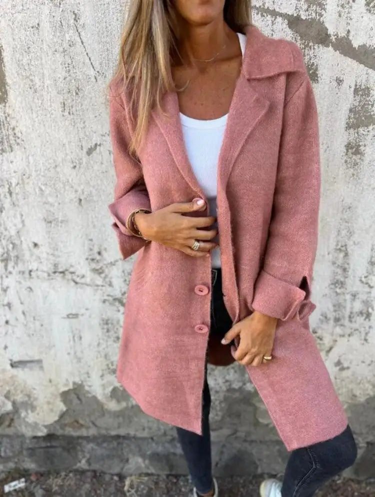 Longline button-up coat with lapel collar for women